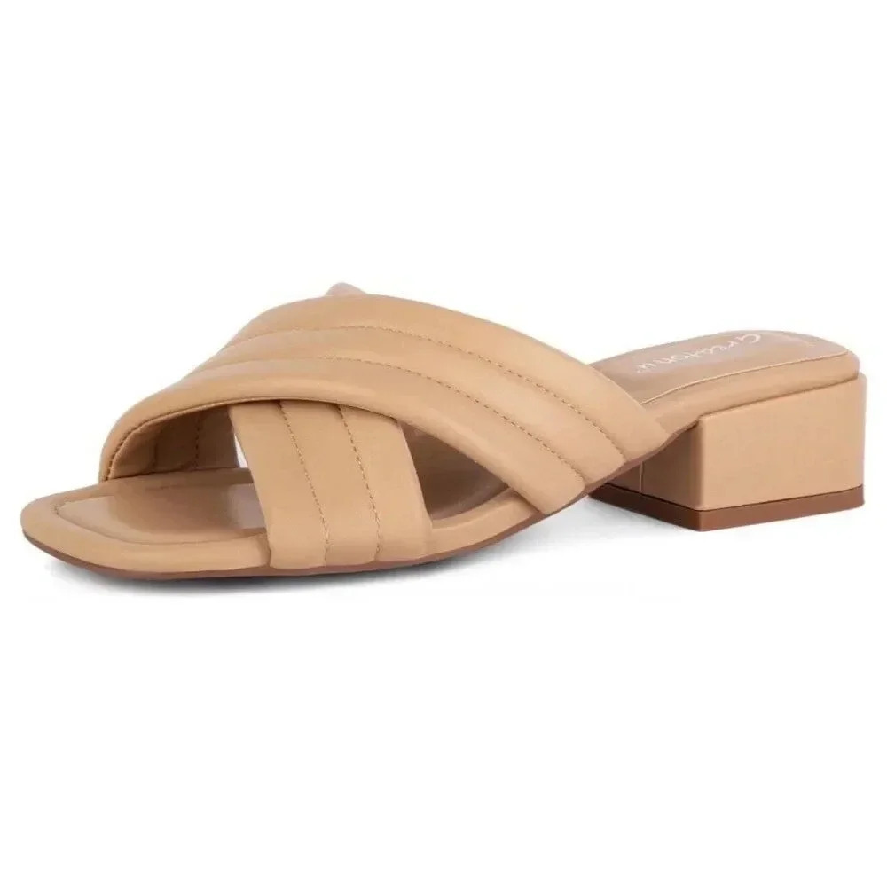 Greatonu Women's Chunky Heeled Sandals Square Open Toe Mules Heels Cross Band Su